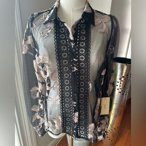 NWT Peach black/ Cream sheer embroidered Mesh Boho button-down blouse.